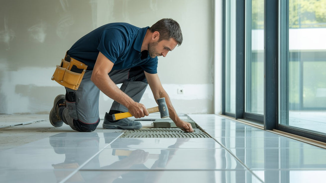 Contractor installing tile flooring in a Colorado Springs home, showing expert installation from a trusted local tile store.