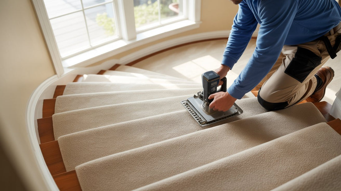 Professional carpet installation in Colorado Springs with expert installing new carpet on staircase for a local homeowner.