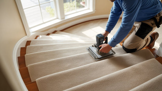 Professional carpet installation in Colorado Springs with expert installing new carpet on staircase for a local homeowner.