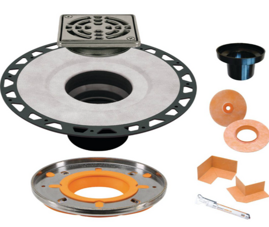 Schluter 5 1/4" Kerdi-Drain-A Adaptor Flange Kit Drain Body, 4" Grate, Adaptor Ring, KERDI-FIX, KERDI-KERECK Corners