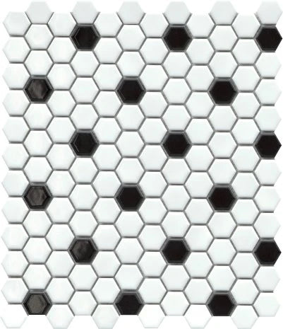 INFLUENCE WHITE/BLACK GLOSS 1-IN HEX MOSAIC 10X12-CER