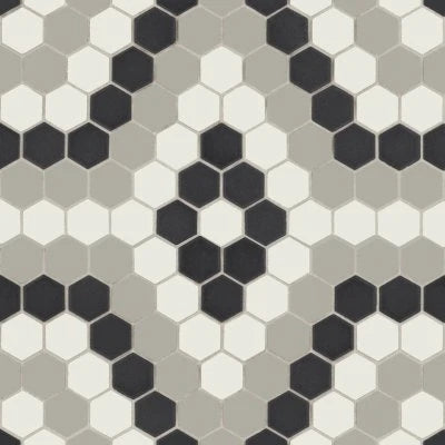 Unglazed Mosaics - Ice White/Black/Light Smoke, Hexagon, 1X1, Matte (AO19)
