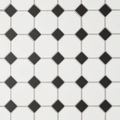 Le Cafe 2" x 2" Octagon Matte Porcelain Mosaic Tile in White/Black