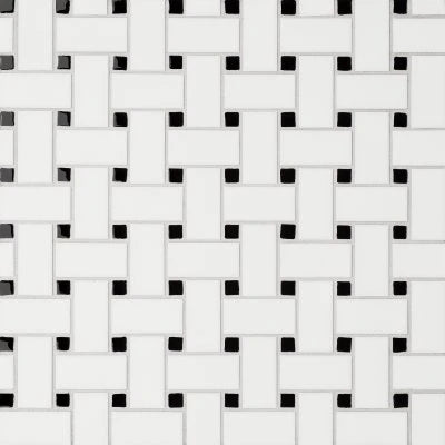 Le Cafe 1" x 2" Basket Weave Porcelain Mosaic Tile in Matte White/Black W/Glossy Dot